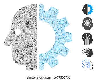 Dash Mosaic based on cyborg head icon. Mosaic vector cyborg head is formed with randomized dash spots. Bonus icons are added.