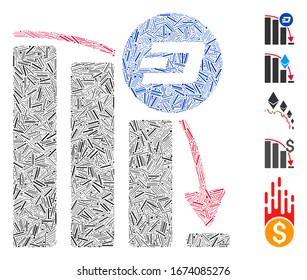Dash Mosaic basado en el icono del gráfico de caída épico de Dashcoin. vector mosaico El gráfico de caída épica de Dashcoin está diseñado con puntos de guiones dispersos. Se agregan iconos de bonificación.