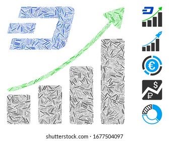 Dash Mosaic based on Dashcoin growing trend icon. Mosaic vector Dashcoin growing trend is created with randomized dash spots. Bonus icons are added.
