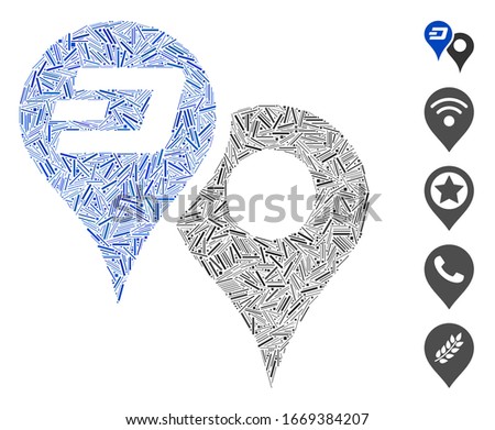 Dash Mosaic based on Dashcoin map pointers icon. Mosaic vector Dashcoin map pointers is formed with random dash dots. Bonus icons are added.