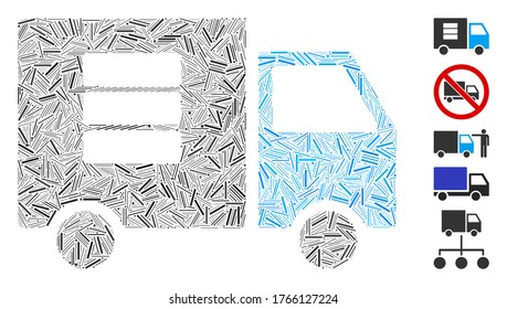 Dash Mosaic based on data transfer van icon. Mosaic vector data transfer van is created with random dash spots. Bonus icons are added.