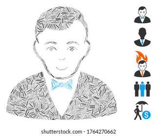 Dash Mosaic based on dealer icon. Mosaic vector dealer is designed with scattered dash spots. Bonus icons are added.