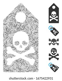 Dash Mosaic based on death mark icon. Mosaic vector death mark is created with randomized dash items. Bonus icons are added.