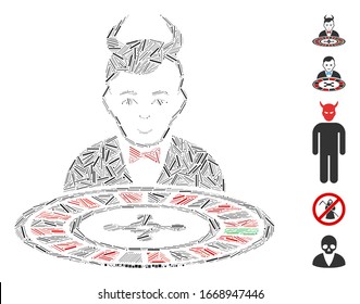 Dash Mosaic based on devil roulette croupier icon. Mosaic vector devil roulette croupier is formed with scattered dash spots. Bonus icons are added.