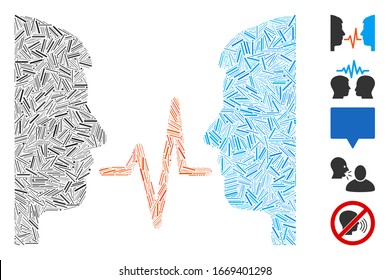 Dash Mosaic basierend auf dem Dialogsignal-Symbol. Das Mosaik-Vektorillustration-Dialogsignal besteht aus vereinzelten Bindeelementen. Bonussymbole werden hinzugefügt.