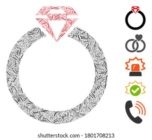 Dash Mosaic based on diamond ring icon. Mosaic vector diamond ring is created with randomized dash elements. Bonus icons are added.