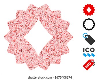 Dash Mosaic based on diamonds token icon. Mosaic vector diamonds token is designed with randomized dash spots. Bonus icons are added.