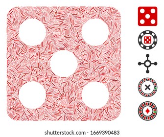 Dash Mosaic based on dice icon. Mosaic vector dice is formed with randomized dash elements. Bonus icons are added.
