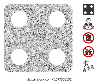 Dash Mosaic based on dice icon. Mosaic vector dice is composed with randomized dash elements. Bonus icons are added.