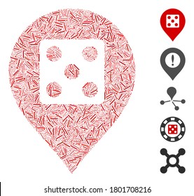 Dash Mosaic based on dice casino marker icon. Mosaic vector dice casino marker is composed with random dash dots. Bonus icons are added.