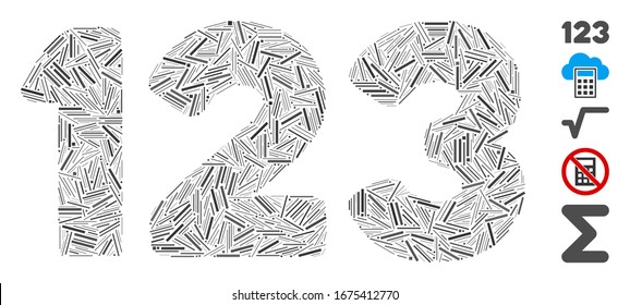 Dash Mosaic based on digits icon. Mosaic vector digits is designed with random dash dots. Bonus icons are added.