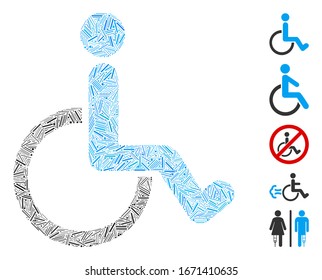 Dash Mosaic basiert auf dem Symbol für Behinderte. Mosaik Vektorillustration Behinderte ist mit zufälligen Dash-Elementen entworfen. Bonussymbole werden hinzugefügt.