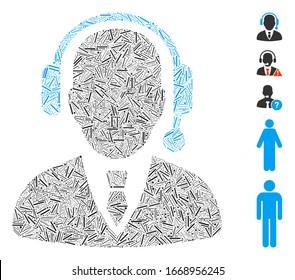 Dash Mosaic based on dispatcher icon. Mosaic vector dispatcher is designed with randomized dash items. Bonus icons are added.