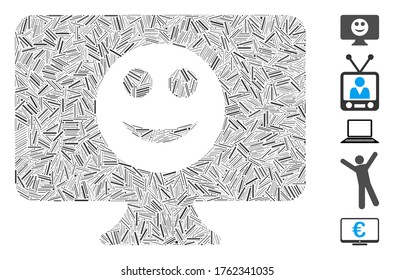 Dash Mosaic based on display smile icon. Mosaic vector display smile is created with scattered dash items. Bonus icons are added.