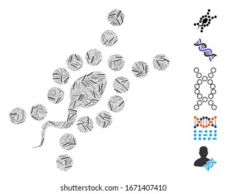 Dash Mosaic based on DNA replication icon. Mosaic vector DNA replication is created with randomized dash dots. Bonus icons are added.