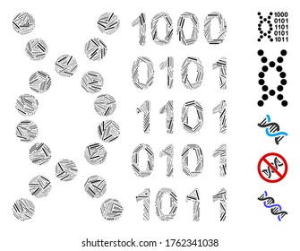 Dash Mosaic based on DNA code icon. Mosaic vector DNA code is composed with random dash dots. Bonus icons are added.
