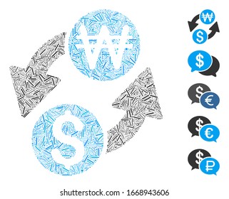 Dash Mosaic based on dollar Korean Won exchange icon. Mosaic vector dollar Korean Won exchange is designed with scattered dash elements. Bonus icons are added.