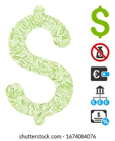 Dash Mosaic based on dollar icon. Mosaic vector dollar is designed with scattered dash items. Bonus icons are added.