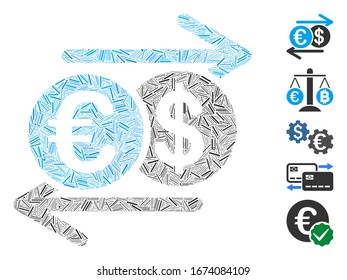 Dash Mosaic based on Dollar Euro exchange icon. Mosaic vector Dollar Euro exchange is formed with randomized dash spots. Bonus icons are added.