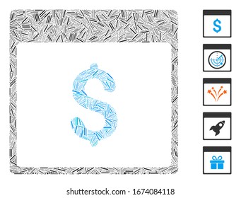 Dash Mosaic basierend auf Dollar Währung Kalenderseite Symbol. Mosaik Vektorillustration Dollar Währung Kalenderseite ist mit zufälligen Bindestrichen zusammengesetzt. Bonussymbole werden hinzugefügt.