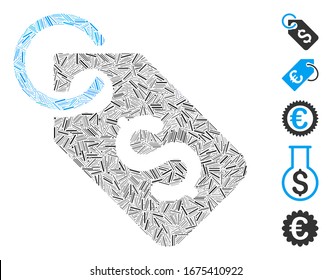 Dash Mosaic based on dollar tag icon. Mosaic vector dollar tag is formed with scattered dash spots. Bonus icons are added.