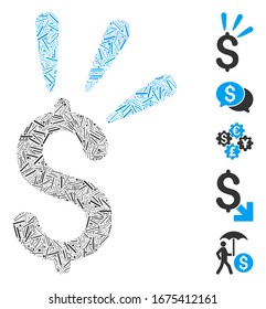 Dash Mosaic based on dollar shine icon. Mosaic vector dollar shine is designed with random dash items. Bonus icons are added.