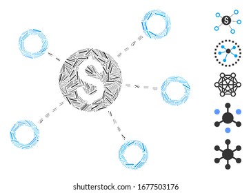 Dash Mosaic based on dollar network links icon. Mosaic vector dollar network links is composed with scattered dash dots. Bonus icons are added.