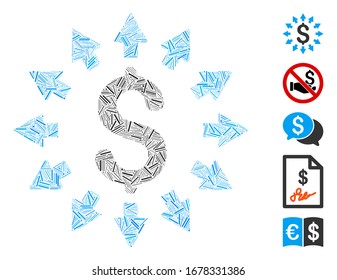 Dash Mosaic basado en el icono de la distribución en dólares. La distribución vectorial de mosaico en dólares se forma con puntos de guión aleatorio. Se agregan iconos de bonificación.