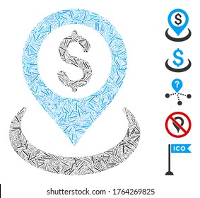 Dash Mosaic based on dollar placement icon. Mosaic vector dollar placement is created with random dash elements. Bonus icons are added.