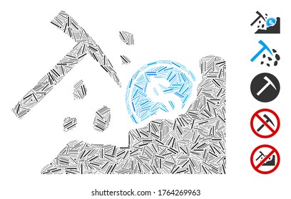 Dash Mosaic basado en el ícono del martillo minero en dólares. El martillo de minería de dólares vectorial mosaico se crea con elementos de guión al azar. Se agregan iconos de bonificación.