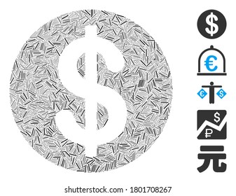 Dash Mosaic based on dollar coin icon. Mosaic vector dollar coin is composed with randomized dash dots. Bonus icons are added.