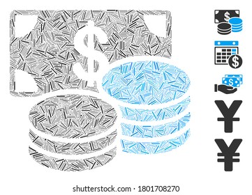 Dash Mosaic based on dollar cash icon. Mosaic vector dollar cash is formed with randomized line dots. Bonus icons are added.
