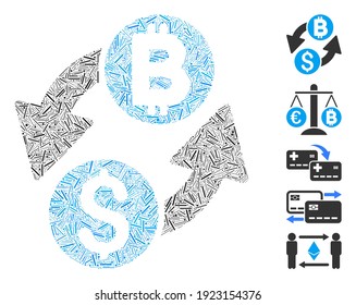 Dash Mosaic based on dollar Bitcoin exchange icon. Mosaic vector dollar Bitcoin exchange is composed with scattered dash items. Bonus icons are added.