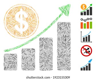 Dash Mosaic based on dollar growth chart icon. Mosaic vector dollar growth chart is formed with random dash dots. Bonus icons are added.