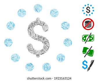 Dash Mosaic basado en el icono del signo del dólar. El signo del dólar vector mosaico está diseñado con puntos de guión al azar. Se agregan iconos de bonificación.