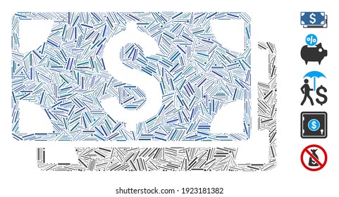 Dash Mosaic based on dollar banknotes icon. Mosaic vector dollar banknotes is designed with scattered dash spots. Bonus icons are added.
