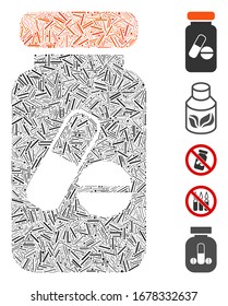 Dash Mosaic based on drugs phial icon. Mosaic vector drugs phial is composed with randomized dash dots. Bonus icons are added.