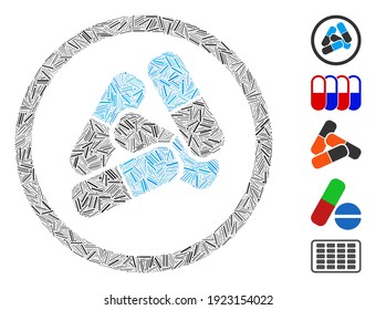 Dash Mosaic based on drugs pills icon. Mosaic vector drugs pills is created with randomized dash items. Bonus icons are added.