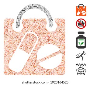 Dash Mosaic based on drugs shopping bag icon. Mosaic vector drugs shopping bag is formed with scattered dash dots. Bonus icons are added.