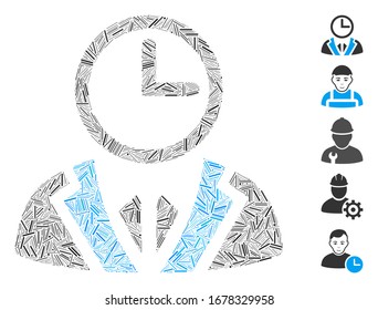 Dash Mosaik basierend auf dem Symbol der Duty Person. Mosaik Vektorillustration Zollbeamter ist mit willkürlichen Lukenpunkten gebildet. Bonussymbole werden hinzugefügt.