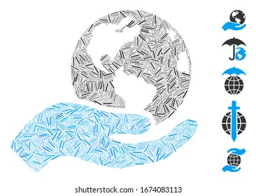 Dash Mosaic basiert auf dem Earth Care Icon. Die Mosaike Vektorillustration-Erdpflege besteht aus verstreuten Dash-Elementen. Bonussymbole werden hinzugefügt.