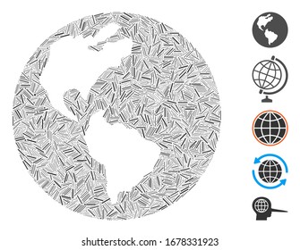 Dash Mosaic basado en el icono de la Tierra. El vector mosaico Tierra se forma con puntos de guión aleatorio. Se agregan iconos de bonificación.