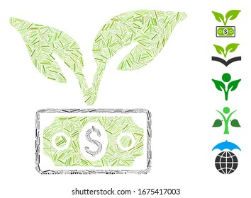 Dash Mosaic basado en el icono de la ganancia de inicio ecológico. La ganancia de inicio del eco vector mosaico se crea con puntos de guión aleatorizados. Se agregan iconos de bonificación.