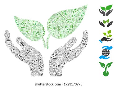 Dash Mosaic based on eco startup care hands icon. Mosaic vector eco startup care hands is created with random dash spots. Bonus icons are added.