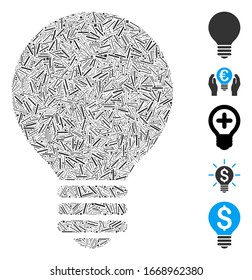 Dash Mosaik auf der Grundlage der elektrischen Glühbirne Symbol. Die elektrische Glühbirne der Vektorillustration wird mit randomisierten Leitungspunkten gebildet. Bonussymbole werden hinzugefügt.