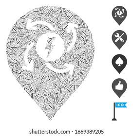 Dash Mosaic based on electric motor marker icon. Mosaic vector electric motor marker is composed with random dash elements. Bonus icons are added.