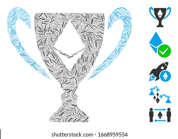 Dash Mosaic based on Ethereum award cup icon. Mosaic vector Ethereum award cup is formed with randomized dash spots. Bonus icons are added.