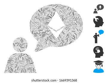 Dash Mosaic based on Ethereum thinking person icon. Mosaic vector Ethereum thinking person is created with random dash elements. Bonus icons are added.