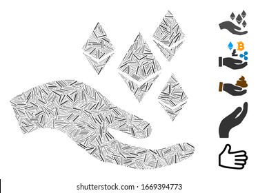 Dash Mosaic basado en Ethereum ofrecer icono de mano. La mano del vector mosaico Ethereum está diseñada con puntos de guiones dispersos. Se agregan iconos de bonificación.