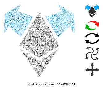 Dash Mosaic based on Ethereum spend arrows icon. Mosaic vector Ethereum spend arrows is created with randomized dash items. Bonus icons are added.